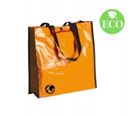 bolsa biodegradable color naranja y asas de color negro con sello ECO