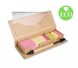 Set de oficina de carton reciclado con notas adhesivas, regla y boligrafo con sello ECO