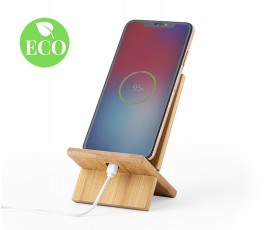 soporte de madera de bambu para movil con sello ECO