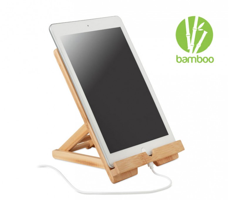 soporte publicitario de bambu para tablets con tablet colocado y sello BAMBU