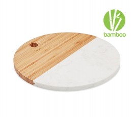 tabla para cortar redonda de madera de bambú y mármol blanco con sello BAMBOO