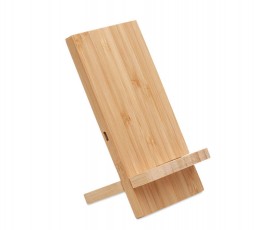 soporte de bambu con cargador inalambrico incorporado en fondo blanco