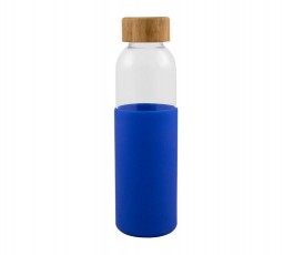 botella de agua de cristal con tapon de bambu y funda de silicona de color azul