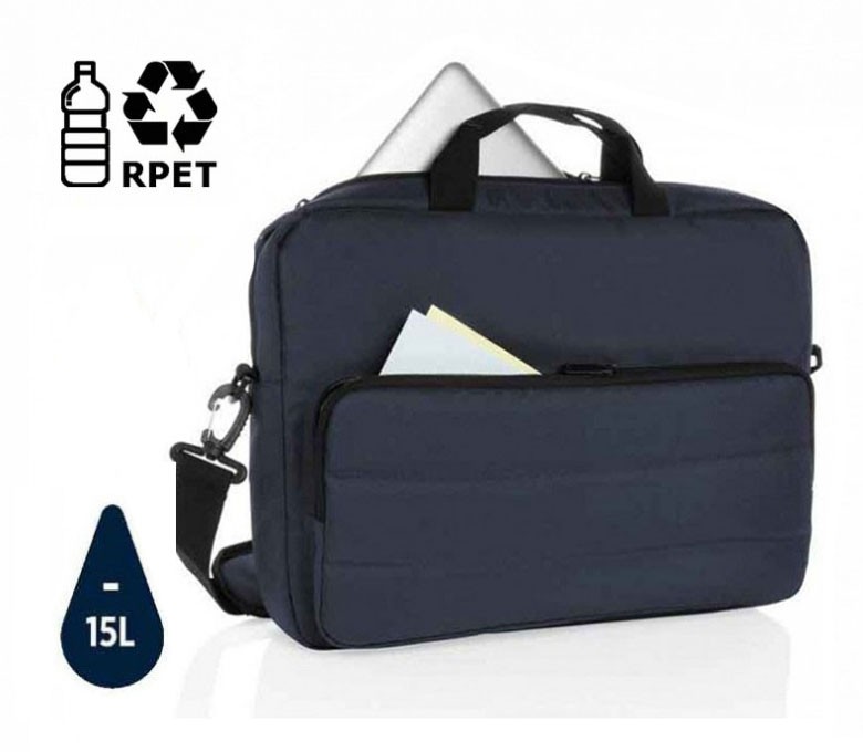 maletin para ordenador ecologico AWARE color azul abierto con sello ahorro de agua