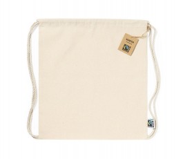 mochila de cuerdas de algodón de 180 gramos con etiquetas Fairtrade en plano