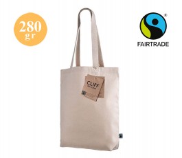 bolsa de asas largas de algodon de 280 gr con etiquetas Fairtrade