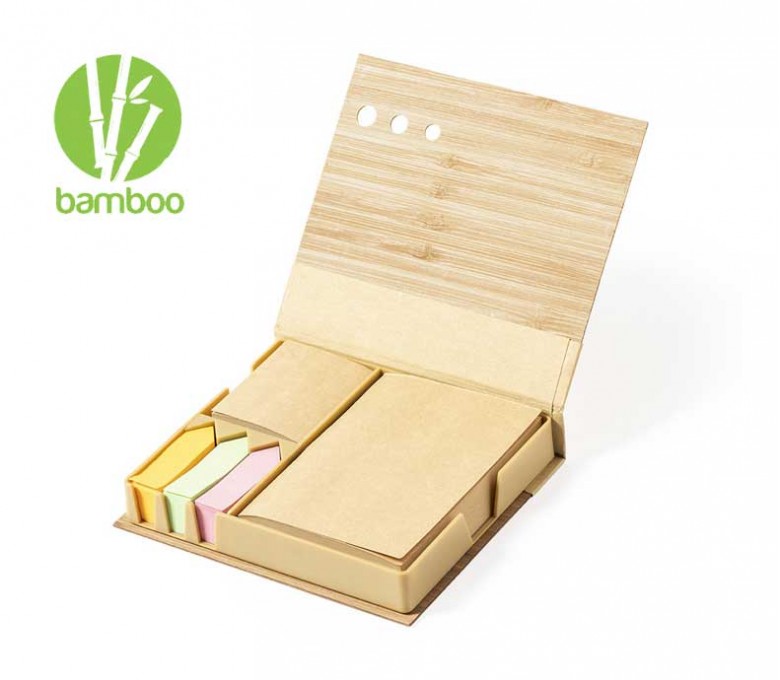portanotas de tapa dura de madera de bambu con 5 blocs de notas adhesivas