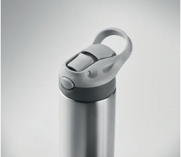 vista cenital de botella termica de doble pared de acero inoxidable y boquilla de silicona color gris
