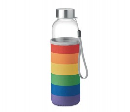 botella de cristal con funda de neopreno en colores de la bandera arcoiris