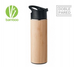 botella termica de doble pared de acero inoxidable y bambu y tapa de color negro