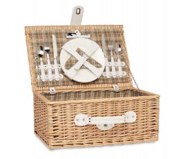 cesta para picnic de mimbre modelo C6193 abierta con utensilios sujetos en la tapa