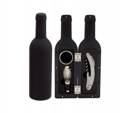 set de vino modelo A3783 con estuche negro cerrado y abierto con accesorios