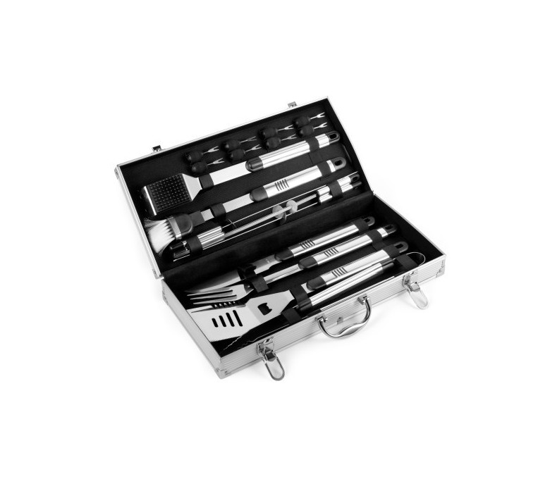 maletin de aluminio con 18 utensilios para prepara barbacoas