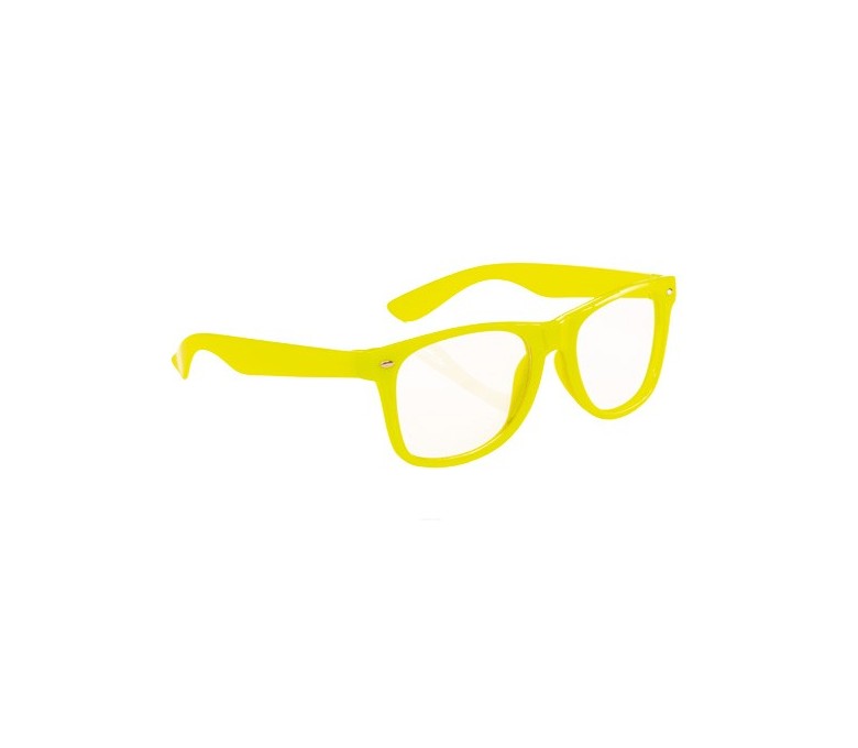 gafas de lente transparente con montura y varillas de color amarillo fluorescente
