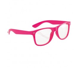 gafas de lente transparente con montura y varillas de color fucsia fluorescente