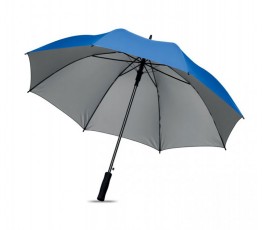 paraguas grande exterior azul e interior plateado abierto