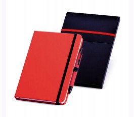 set de libreta con boligrafo de color rojo en caja de PP negra