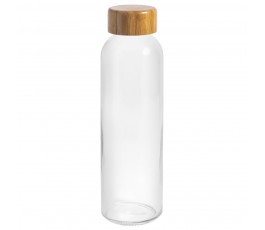 Botella ecologica de cristal y tapon de madera en fondo blanco