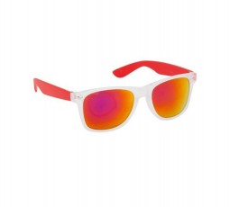 gafas de sol con monturas translucida y lentes espejadas y varillas de color rojo