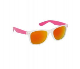 gafas de sol con monturas translucida y lentes espejadas y varillas de color fucsia
