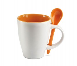 taza de ceramica blanca modelo C7344 con interior y cuchara de color naranja