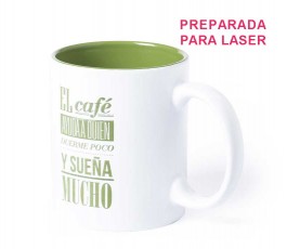 taza de color blanco e interior de color verde personalizada con logo y sello