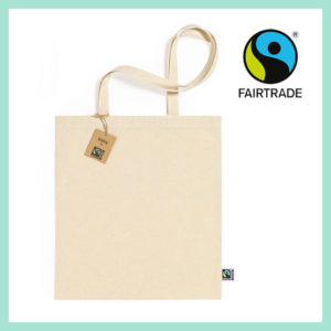 bolsa de agodón color natural con etiquetas Fairtrade